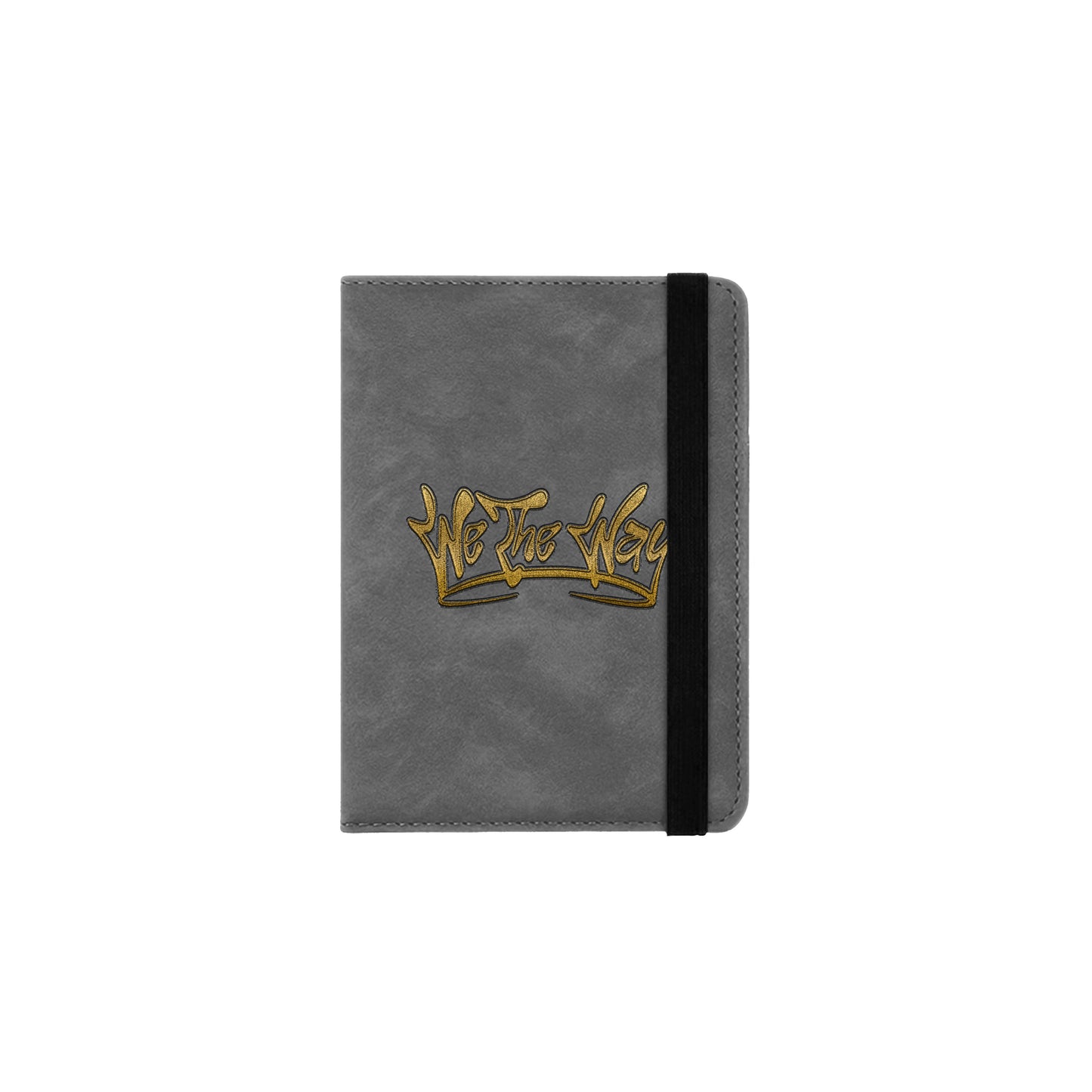 A grey passport holder with a gold We The Way Apparel logo on the front.