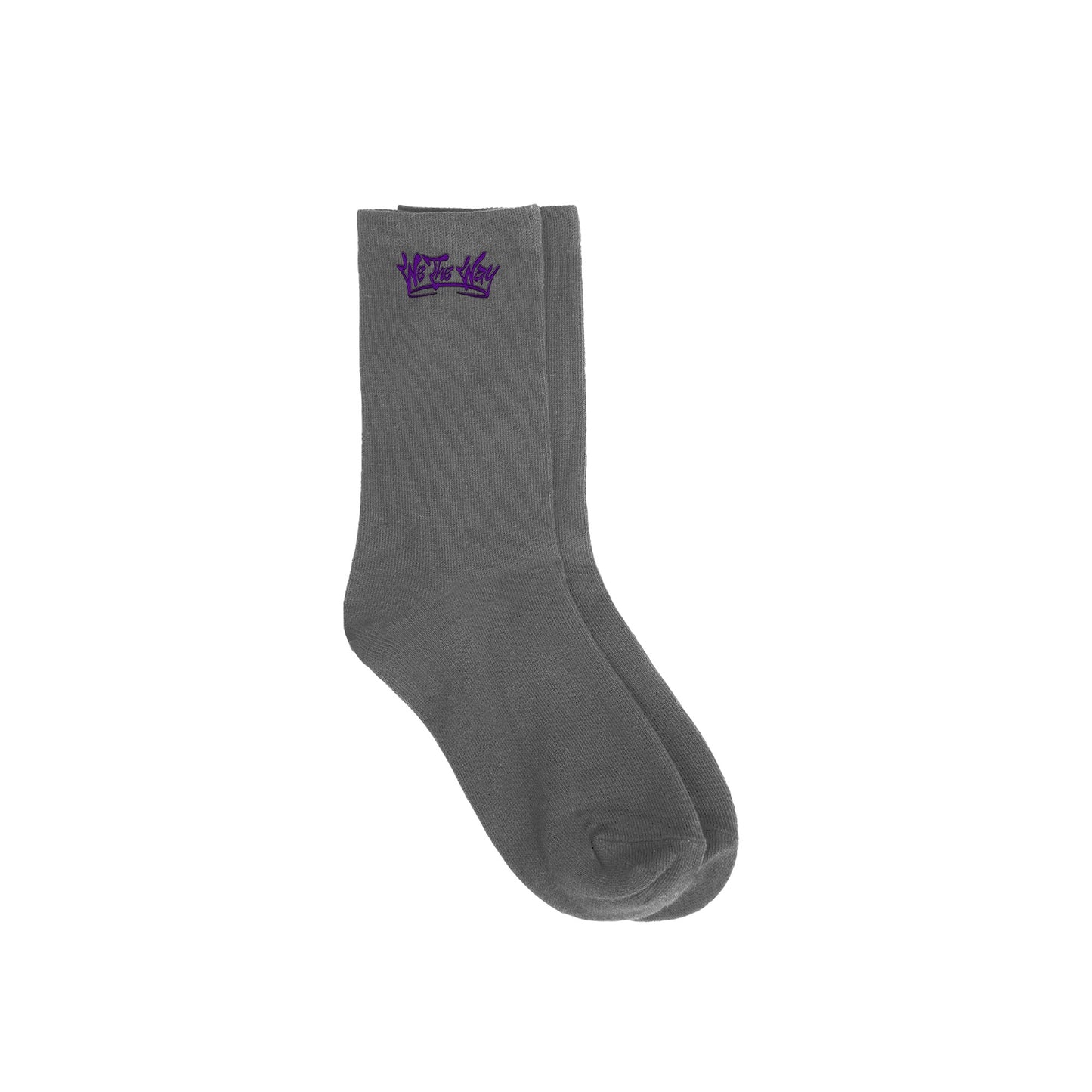 A pair of solid grey socks with a purple We The Way Apparel logo on the ankle area.