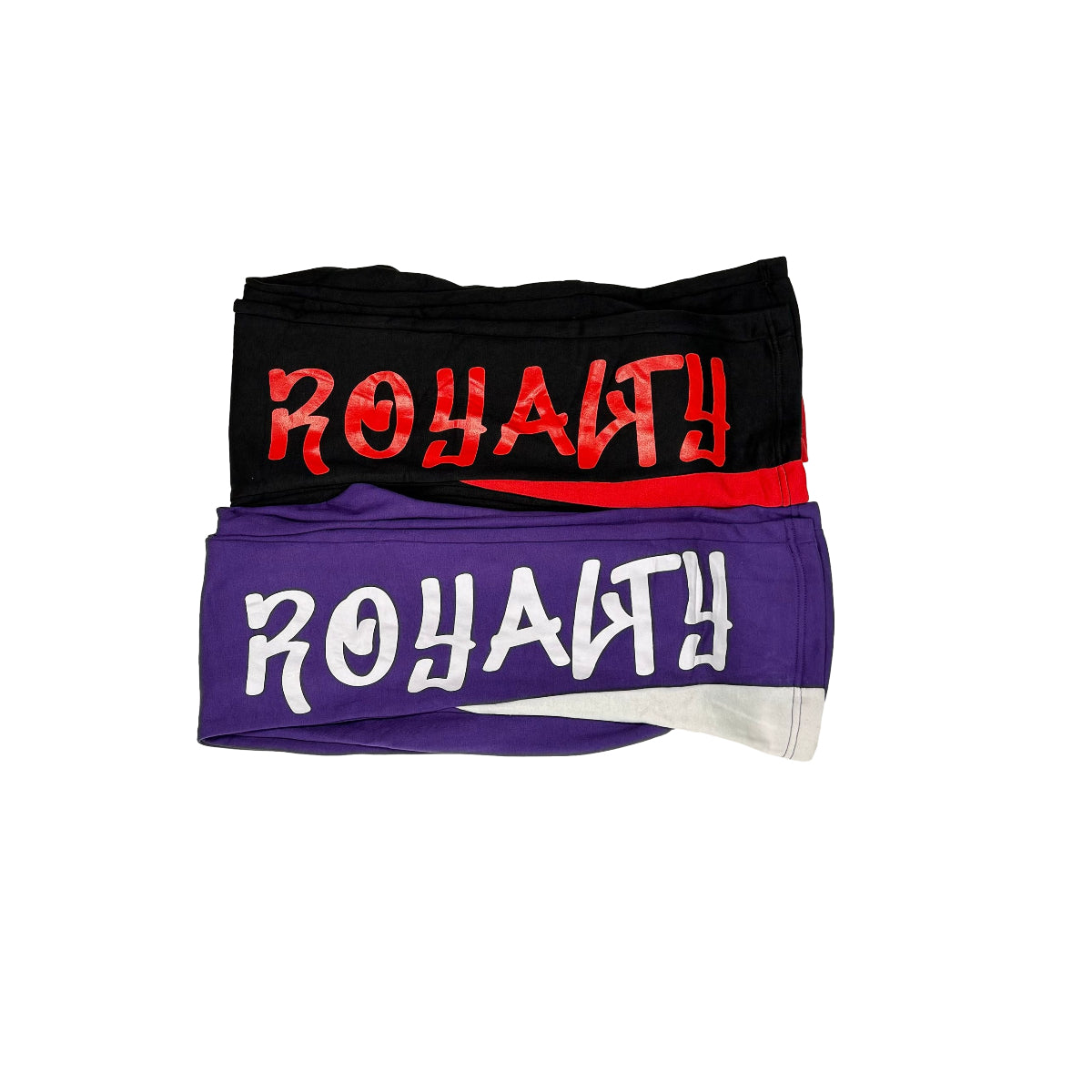 The flared sweats feature a relaxed fit with an elastic waistband and side stripes. Made from soft, comfortable material, the sweatpants offer both style and warmth, perfect for casual wear or athletic activities. The word Royalty is featured on one leg.