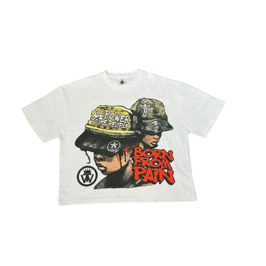 A men's short-sleeve t-shirt made from breathable cotton. The t-shirt features a classic boxy and a relaxed fit, ideal for casual wear. It features the Born From Pain graphic available in a solid white shade, offering a versatile addition to any wardrobe.