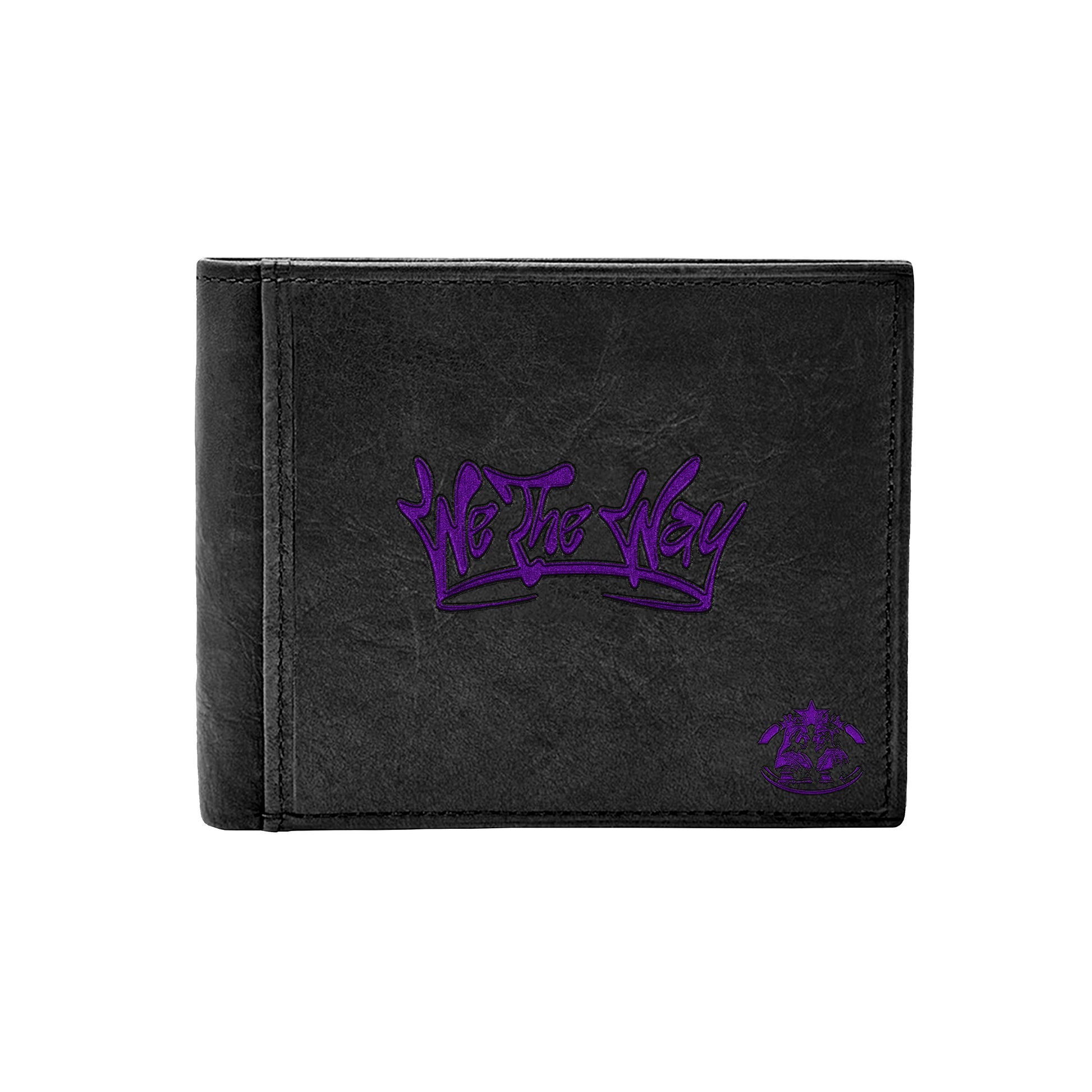 A black wallet with a purple We The Way logo design on the front.