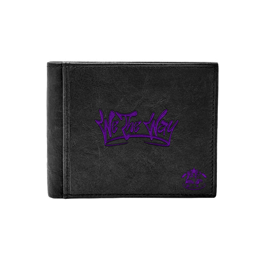 A black wallet with a purple We The Way logo design on the front.