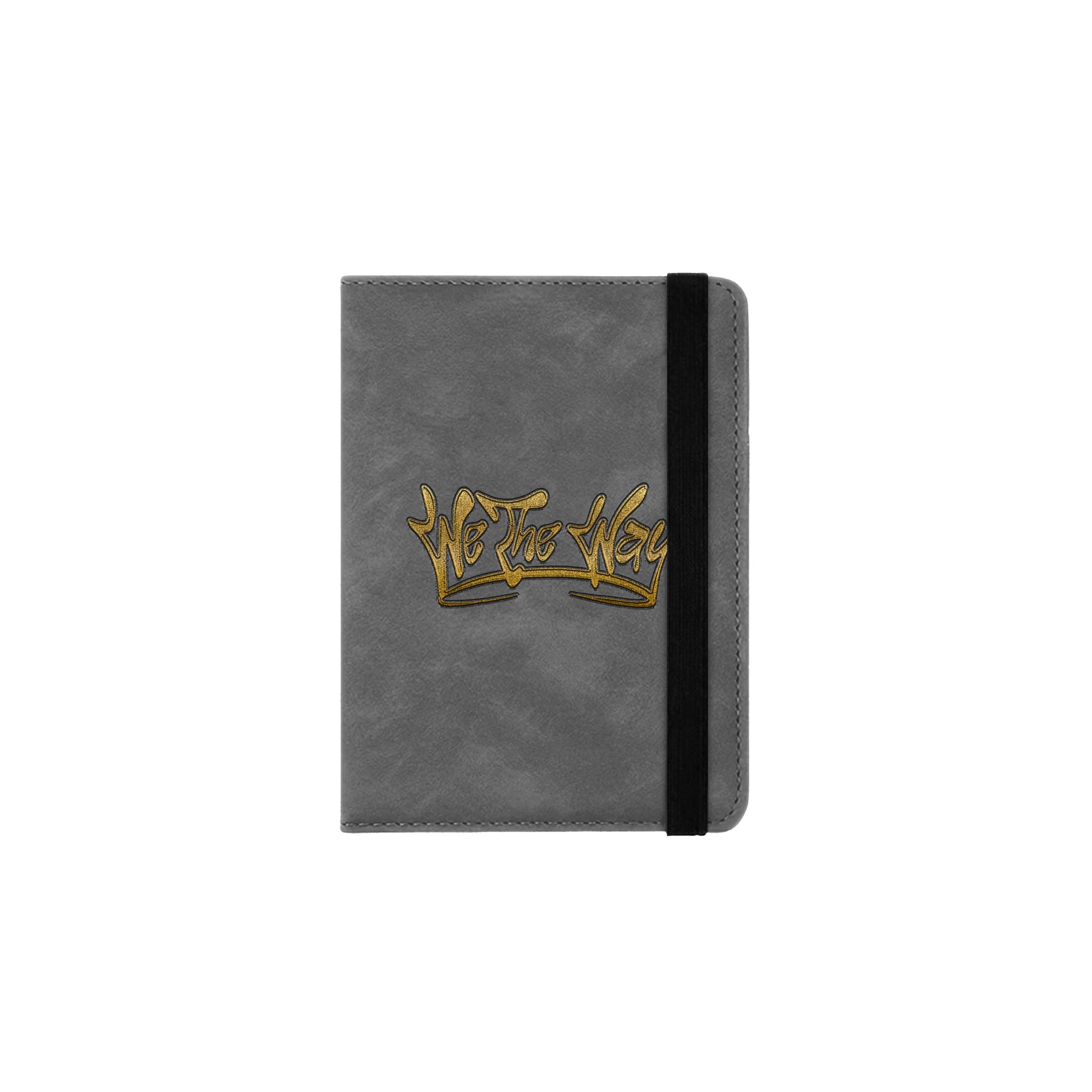 A grey passport holder with a gold We The Way Apparel logo on the front.