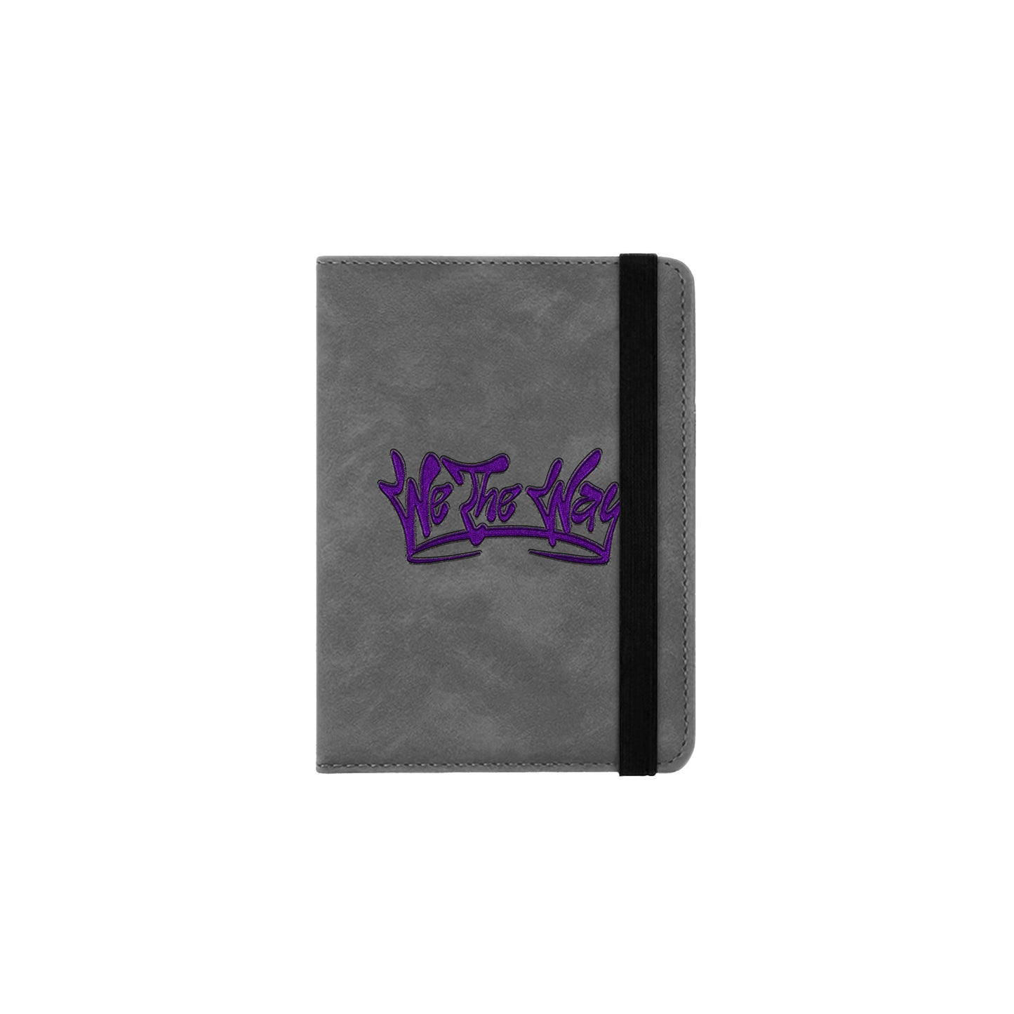 A grey passport holder with a purple We The Way Apparel logo on the front.