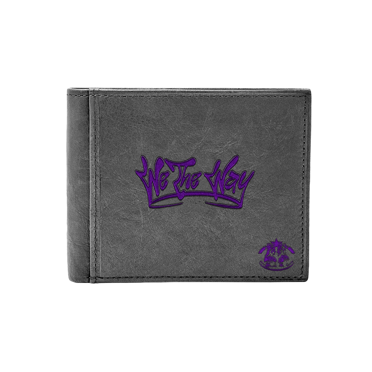 A gray wallet with a purple We The Way Apparel logo embossed on the front.