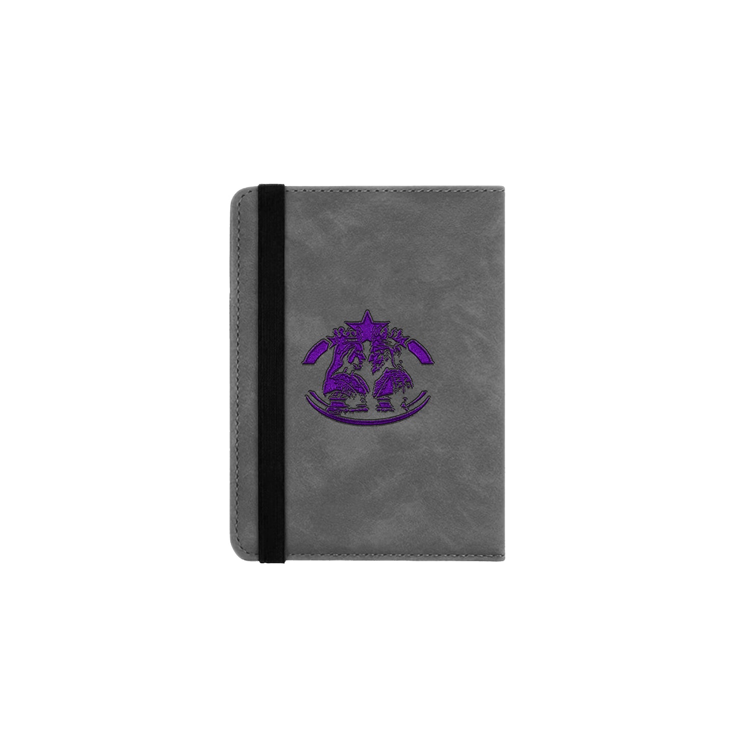 A gray passport cover with a purple logo on the front.