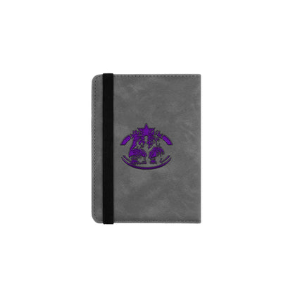 A gray passport cover with a purple logo on the front.