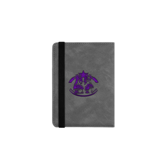 A gray passport cover with a purple logo on the front.