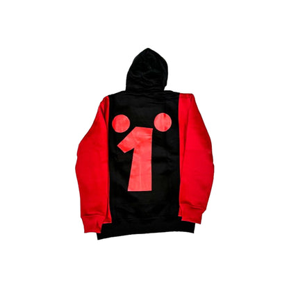 A black hoodie featuring a black hoodie with red accents. The hoodie has a front pocket, adjustable drawstring hood, and ribbed cuffs.  The hoodie features the WTW logo in red.