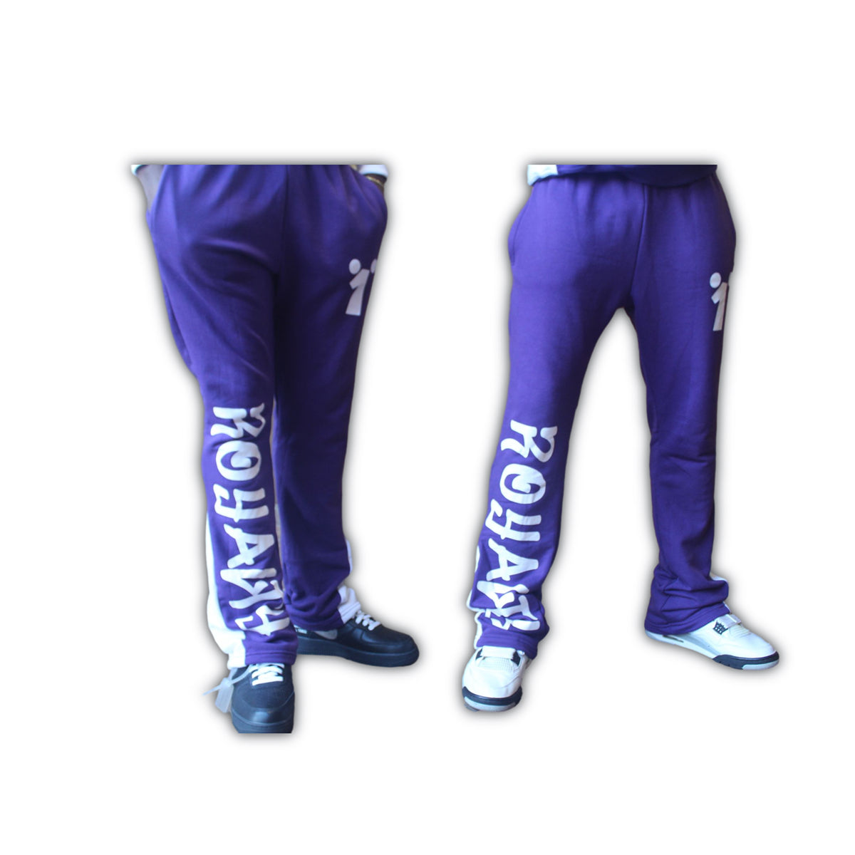 The purple flared sweats feature a relaxed fit with an elastic waistband and white side stripes. Made from soft, comfortable material, the sweatpants offer both style and warmth, perfect for casual wear or athletic activities. The word Royalty is featured on one leg.