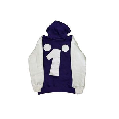 A purple hoodie featuring a black hoodie with white accents. The hoodie has a front pocket, adjustable drawstring hood, and ribbed cuffs. The hoodie features the WTW logo in white.