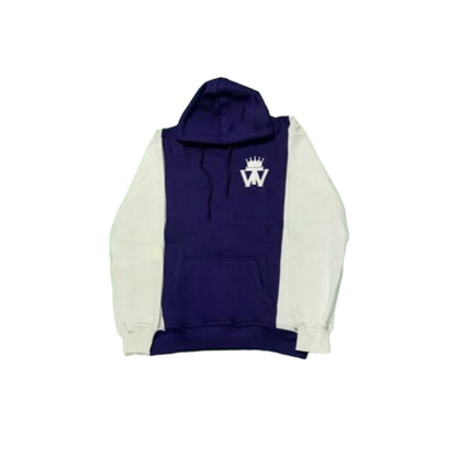 A purple hoodie featuring a black hoodie with white accents. The hoodie has a front pocket, adjustable drawstring hood, and ribbed cuffs. The hoodie features the WTW logo in white.