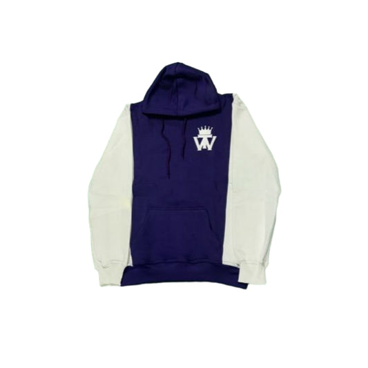 A purple hoodie featuring a black hoodie with white accents. The hoodie has a front pocket, adjustable drawstring hood, and ribbed cuffs. The hoodie features the WTW logo in white.