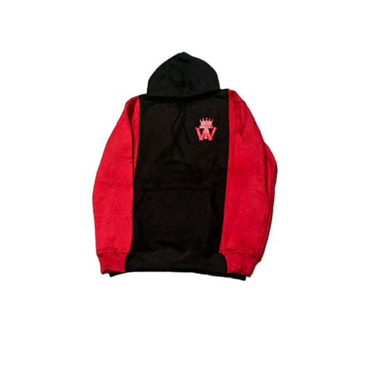 A black hoodie featuring a black hoodie with red accents. The hoodie has a front pocket, adjustable drawstring hood, and ribbed cuffs.  The hoodie features the WTW logo in red.